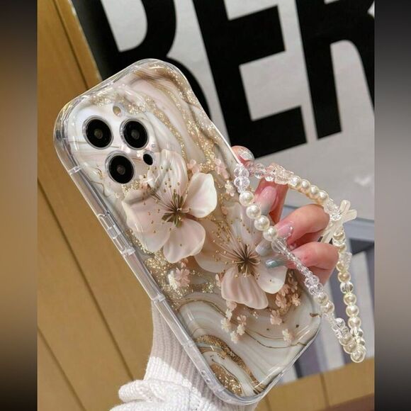 Floral Pearl Phone Case iphone 16 pro max- Cream and Gold - Picture 2 of 7